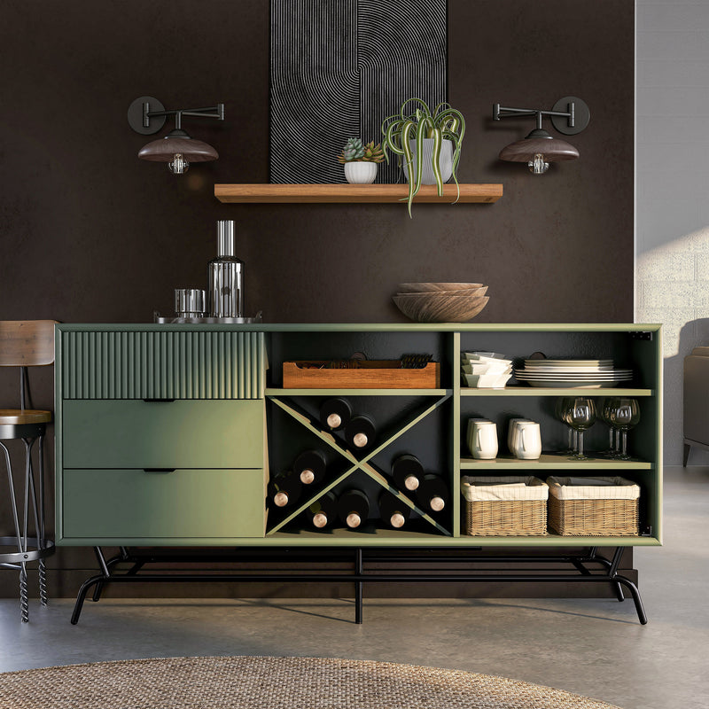Front facing contemporary three-drawer sage green and black TV stand with a wine rack in a room with accessories
