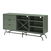 Left facing contemporary three-drawer sage green and black TV stand with a wine rack on a white background