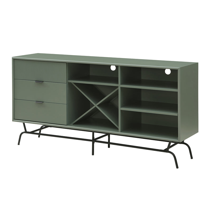 Left facing contemporary three-drawer sage green and black TV stand with a wine rack on a white background