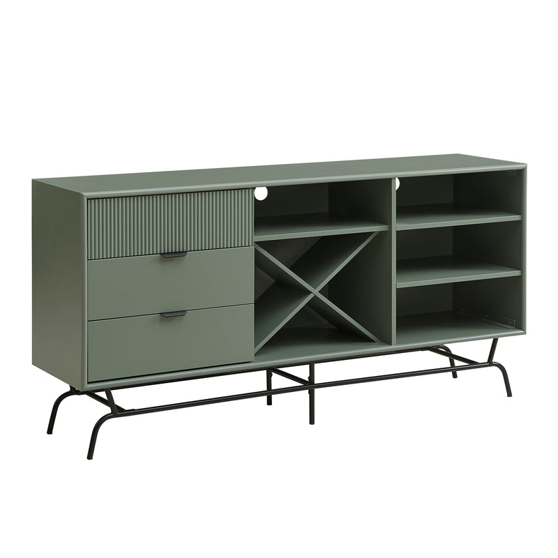 Right facing contemporary three-drawer sage green and black TV stand with a wine rack on a white background