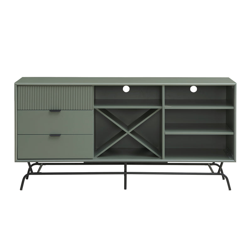 Front facing contemporary three-drawer sage green and black TV stand with a wine rack on a white background