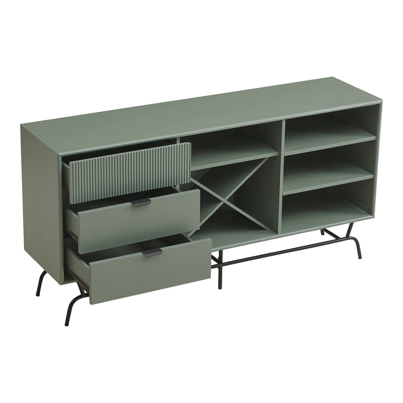 Right facing contemporary three-drawer sage green and black TV stand with a wine rack and drawers open on a white background