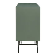 Front facing side view of a contemporary three-drawer sage green and black TV stand with a wine rack on a white background