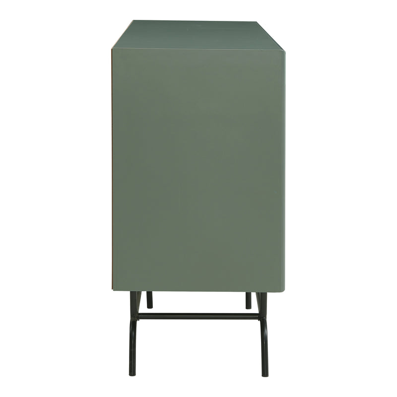 Front facing side view of a contemporary three-drawer sage green and black TV stand with a wine rack on a white background