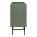 Front facing side view of a contemporary three-drawer sage green and black TV stand with a wine rack on a white background