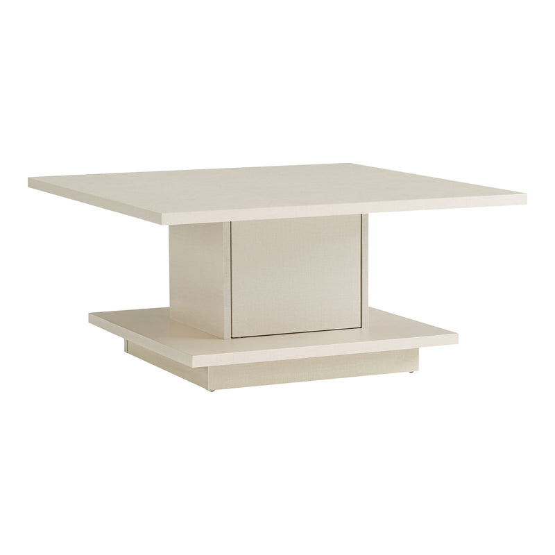 Right facing modern cream weave square storage coffee table on a white background