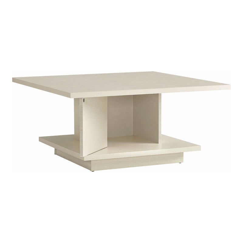 Right facing modern cream weave square storage coffee table with door open on a white background