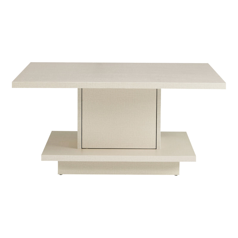 Front facing modern cream weave square storage coffee table with door open on a white background