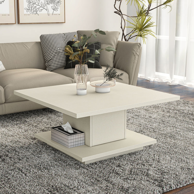 Right facing modern cream weave square storage coffee table in a room with accessories