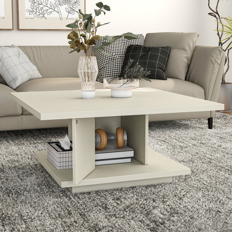 Right facing modern cream weave square storage coffee table with door open in a room with accessories
