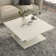Right facing bird's eye view of a modern cream weave square storage coffee table in a room with accessories