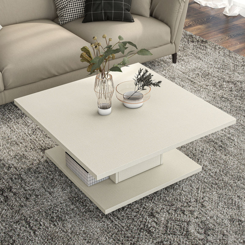 Right facing bird's eye view of a modern cream weave square storage coffee table in a room with accessories