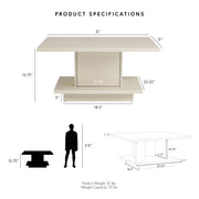 Informational image showing the dimensions of a modern cream weave square storage coffee table