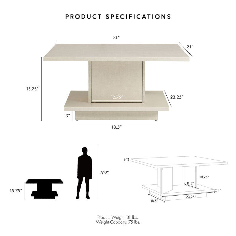 Informational image showing the dimensions of a modern cream weave square storage coffee table