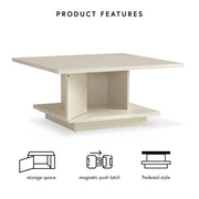 Informational image showing the product features of a modern cream weave square storage coffee table