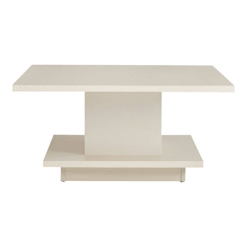 Front facing side view of a modern cream weave square storage coffee table on a white background