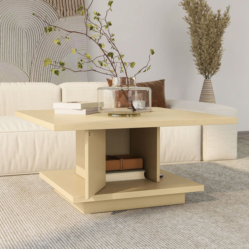 Right facing modern light maple square storage coffee table with door open in a room with accessories