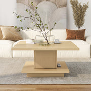 Front facing modern light maple square storage coffee table in a room with accessories