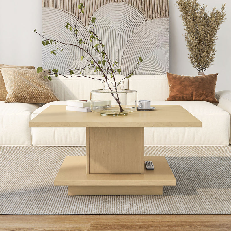 Front facing modern light maple square storage coffee table in a room with accessories