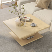 Left facing bird's eye view of a modern light maple square storage coffee table in a room with accessories