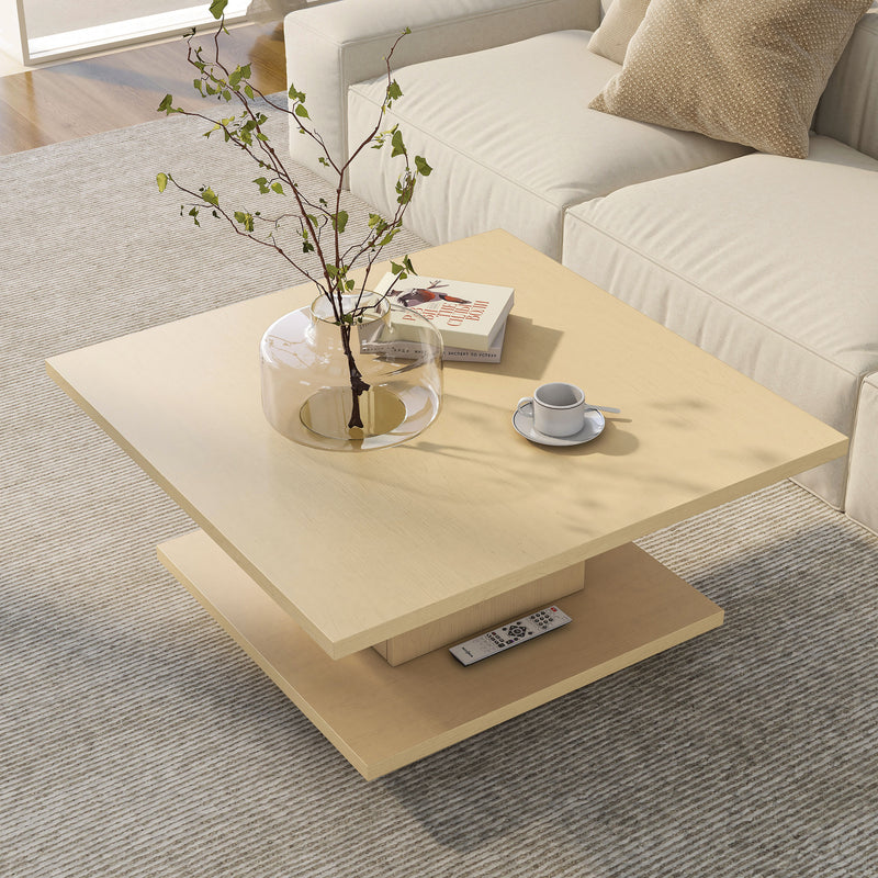 Left facing bird's eye view of a modern light maple square storage coffee table in a room with accessories