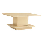 Right facing modern light maple square storage coffee table on a white background