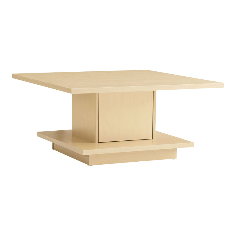 Right facing modern light maple square storage coffee table on a white background