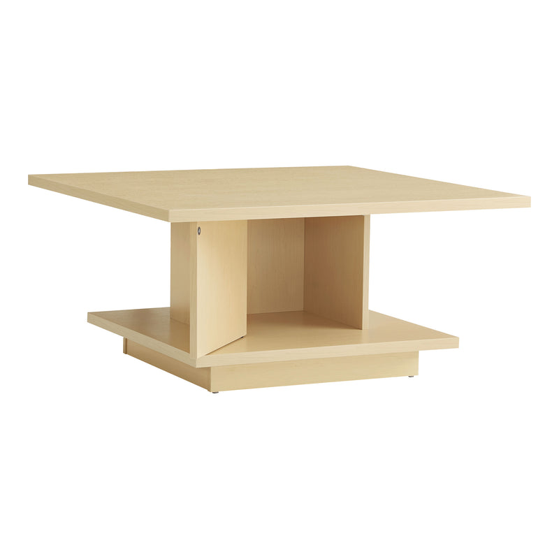 Right facing modern light maple square storage coffee table with door open on a white background