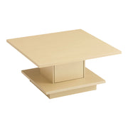 Right facing modern light maple square storage coffee table on a white background