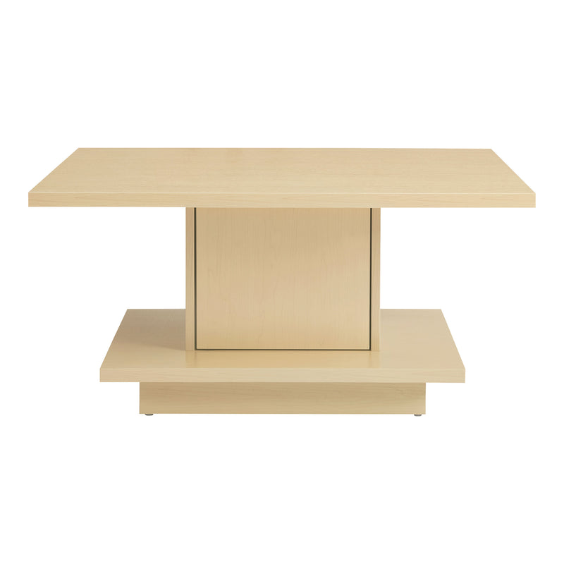 Front facing modern light maple square storage coffee table on a white background