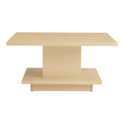 Front facing side view of a modern light maple square storage coffee table on a white background