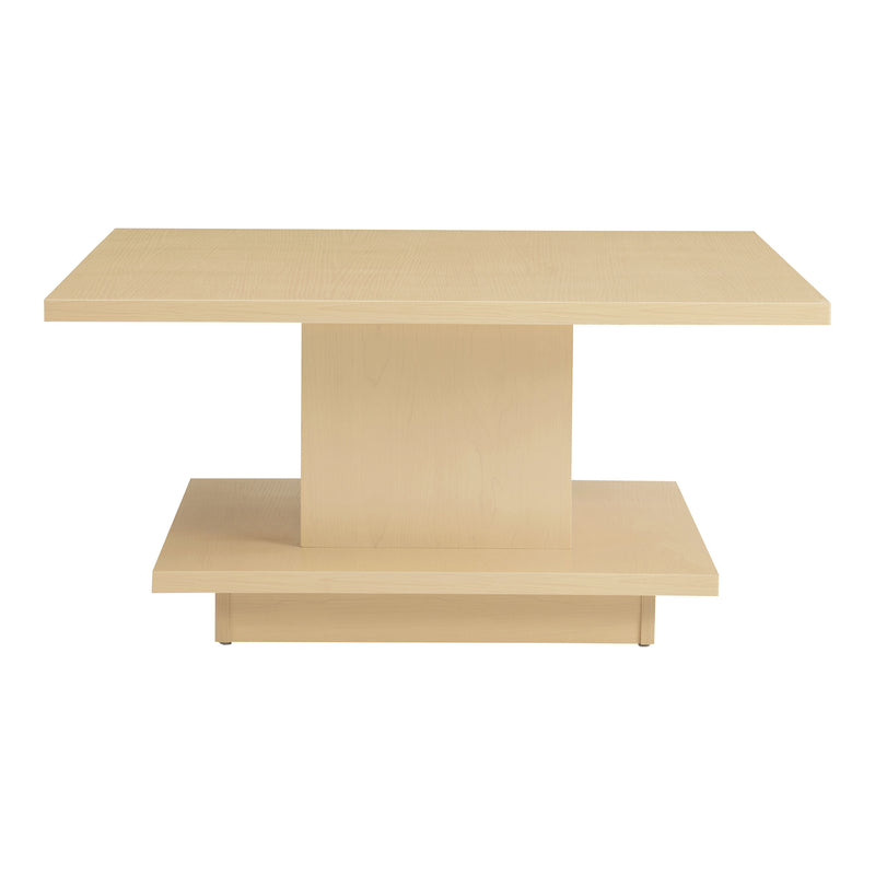 Front facing side view of a modern light maple square storage coffee table on a white background