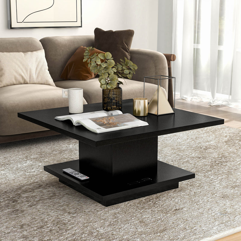 Right facing modern black square storage coffee table in a room with accessories