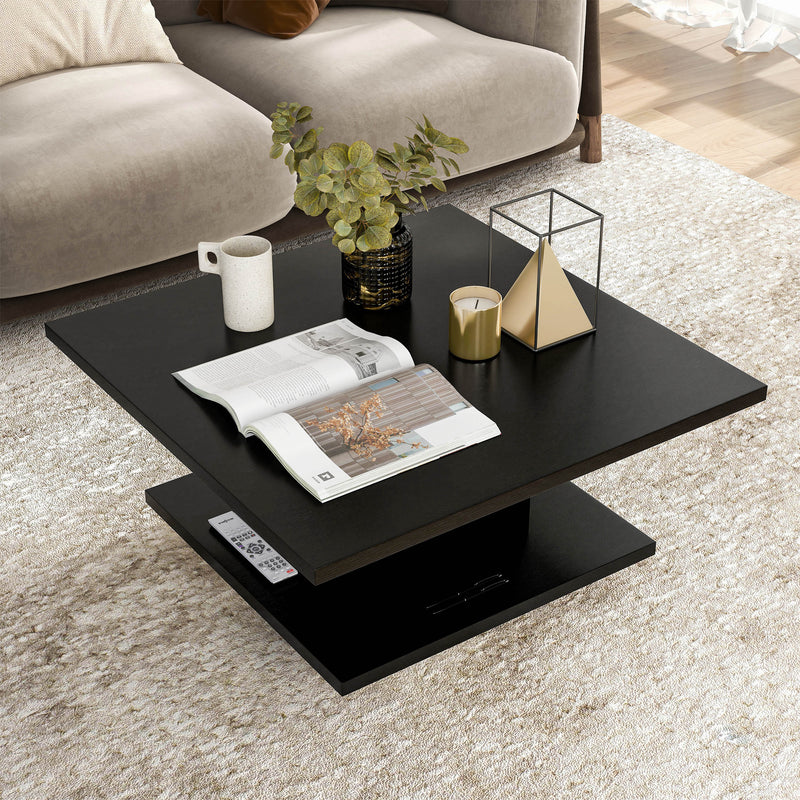 Right facing bird's eye view of a modern black square storage coffee table in a room with accessories