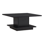 Right facing modern black square storage coffee table on a white background
