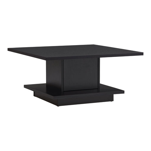 Right facing modern black square storage coffee table on a white background