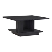 Right facing modern black square storage coffee table with door open on a white background