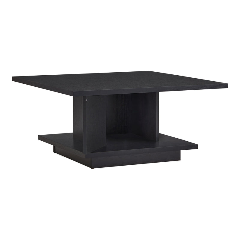 Right facing modern black square storage coffee table with door open on a white background