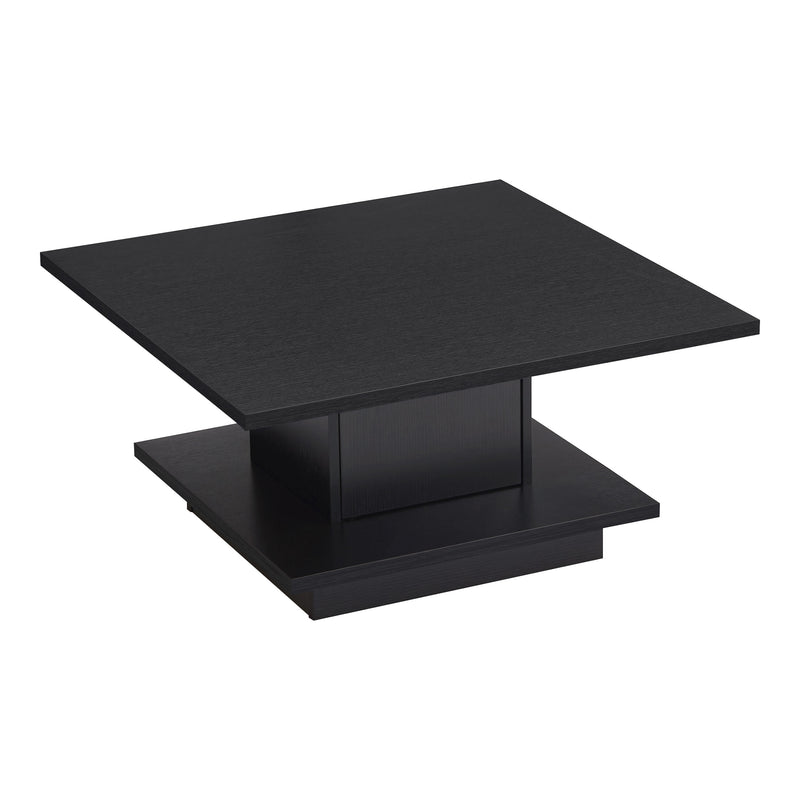 Right facing modern black square storage coffee table on a white background