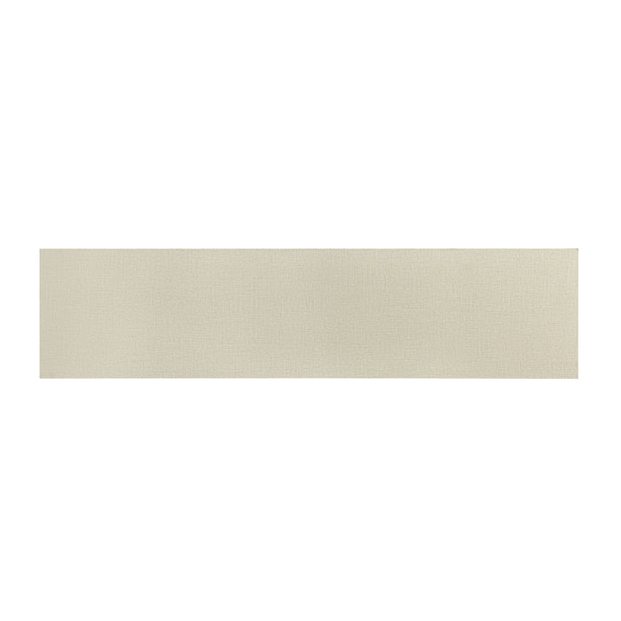 Front facing top view of a modern farmhouse cream weave slant-design console table on a white background