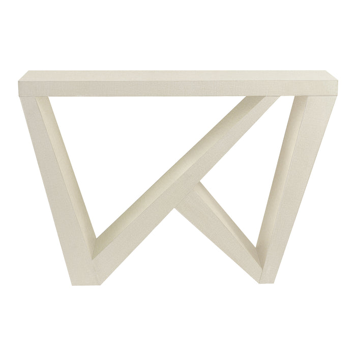 Front facing modern farmhouse cream weave slant-design console table on a white background