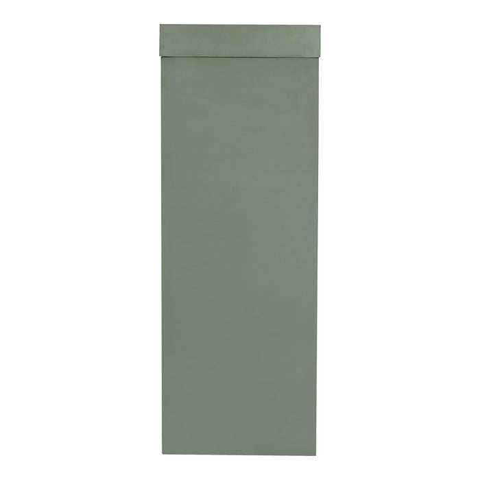 Front facing side view of a modern farmhouse sage green slant-design console table on a white background