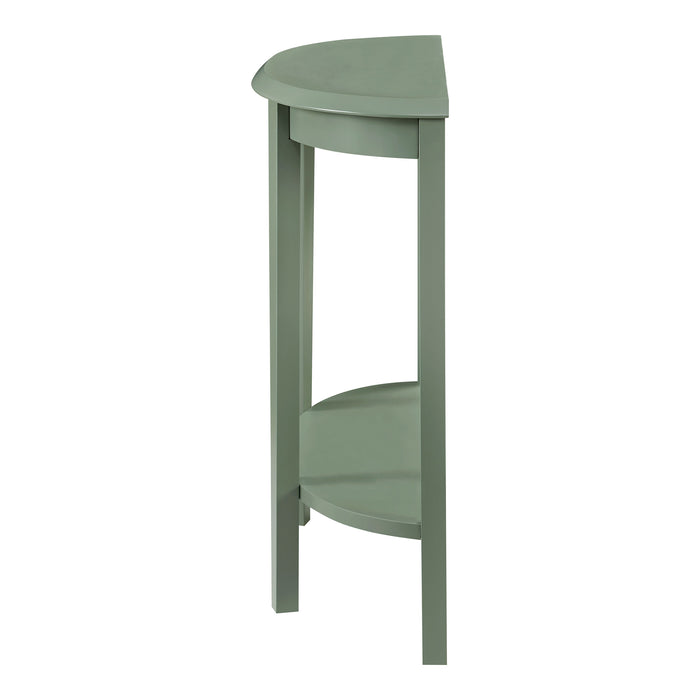 Front facing side view of a modern sage green demi-lune one-shelf console table on a white background