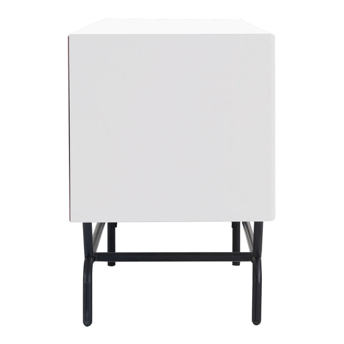 Front facing side view of a contemporary white and black three-drawer two-door TV stand with fluting on a white background