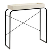 Right facing modern cream weave and black tray style console table on a white background