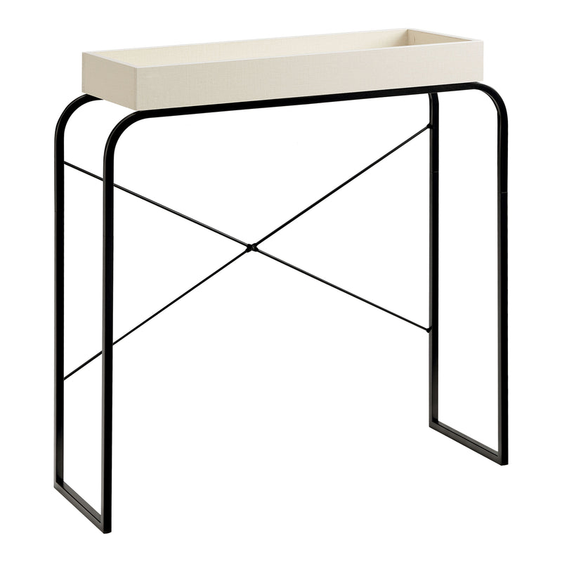 Right facing modern cream weave and black tray style console table on a white background