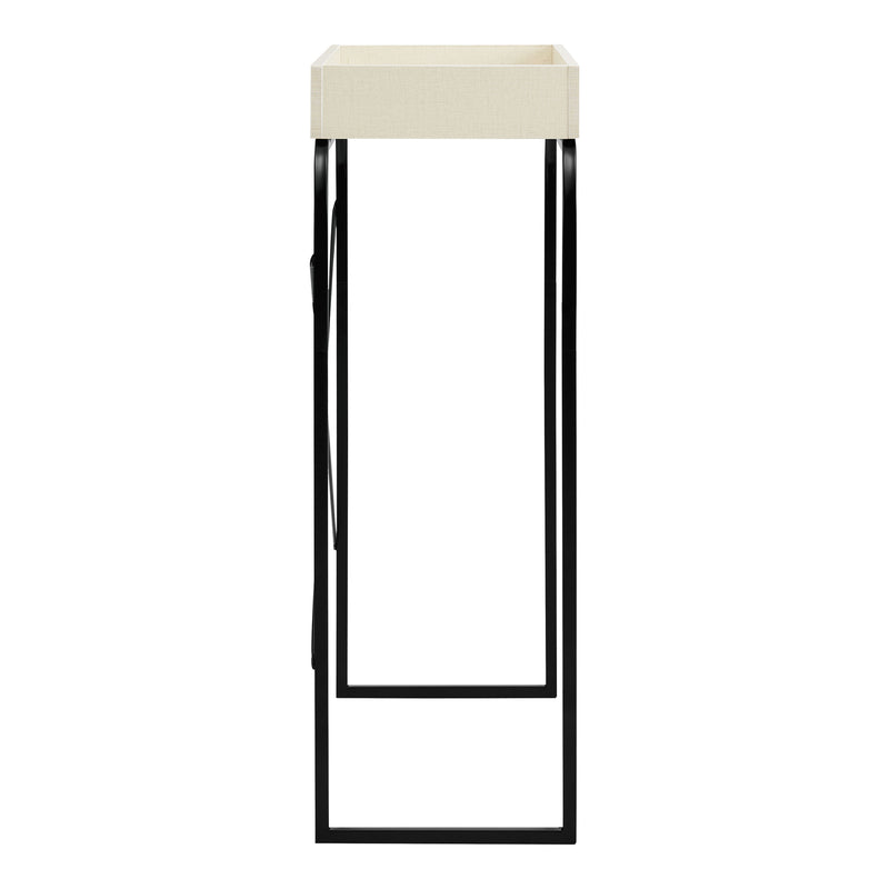 Front facing side view of a modern cream weave and black tray style console table on a white background