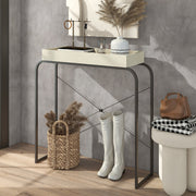 Left facing modern cream weave and black tray style console table in a room with accessories