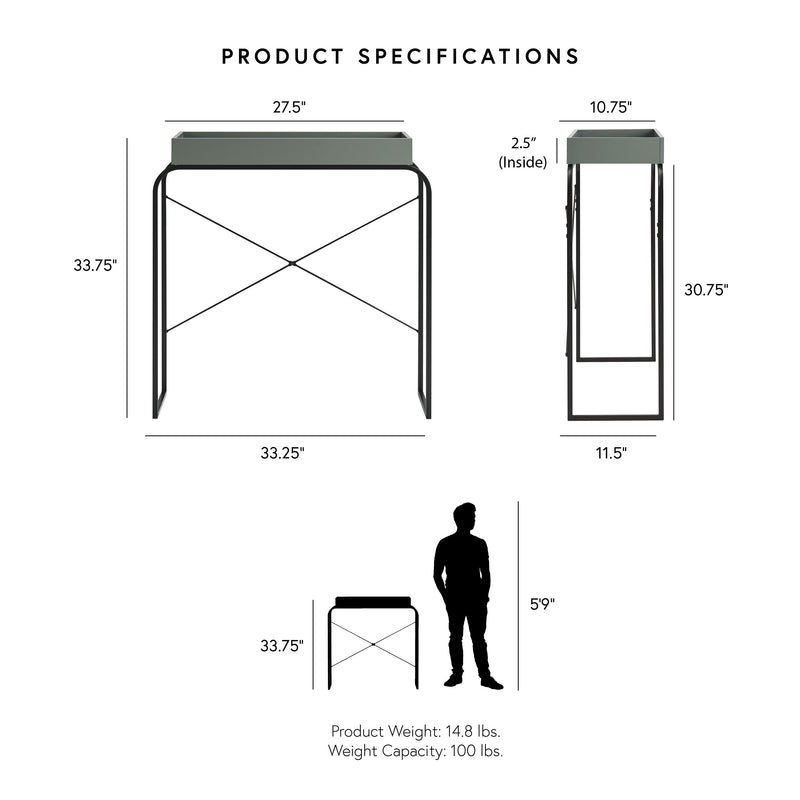 Informational image showing the dimensions of a modern cream weave and black tray style console table