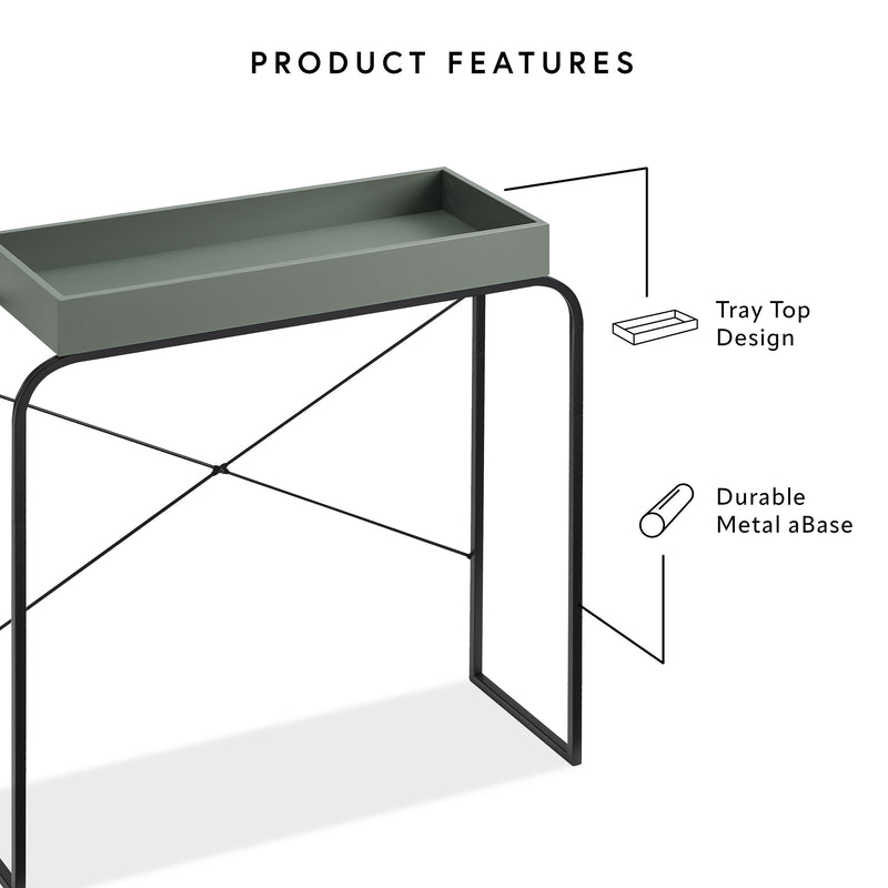 Informational image showing the product features of a modern cream weave and black tray style console table
